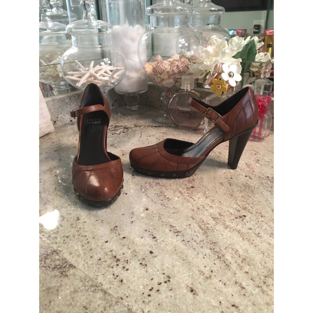 Stuart Weitzman Studded Ankle Strap Heels Cognac Nappa Leather Sandals 6M